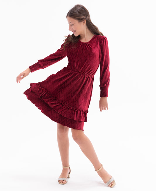 Rare Editions Big Girls Long Sleeve Textured Velvet Tiered Dress