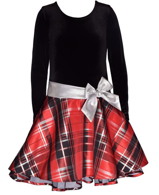 Bonnie Jean Big Girls Long Sleeve Velvet Bodice with Plaid Skirt Dress