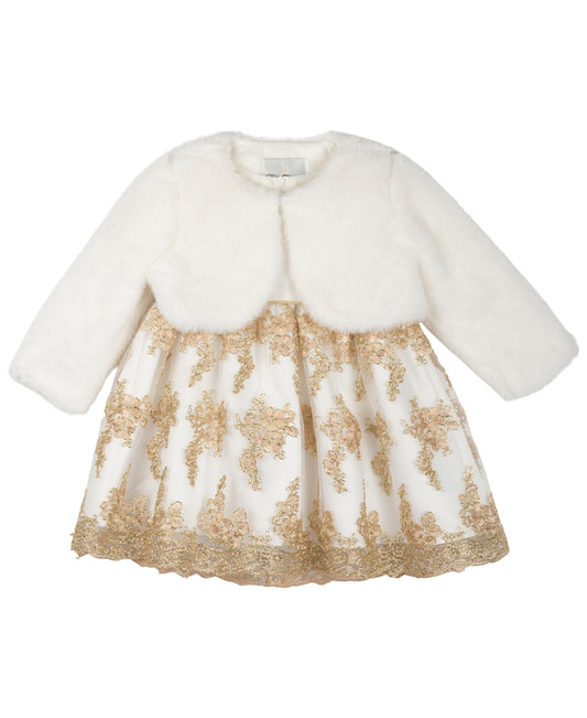 Rare Editions Baby Girls Dress and Faux Fur Jacket, 2 Piece Set - Ivory