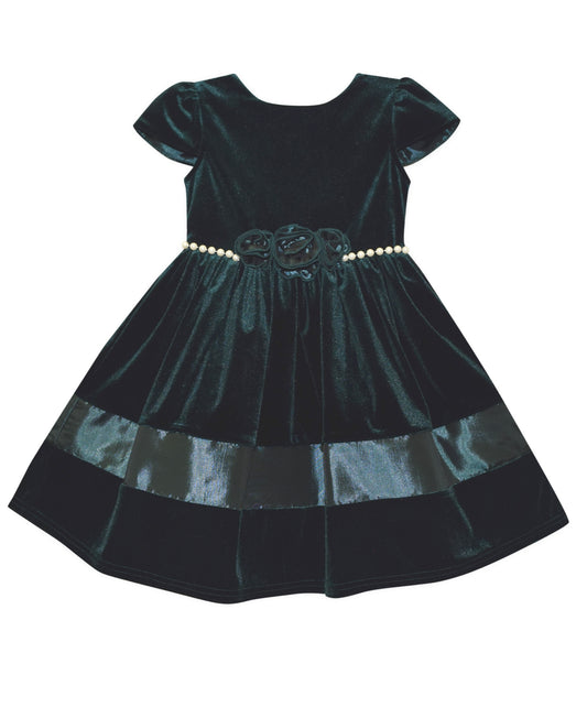 Blueberi Boulevard Girls Pearl Rosette Flare Dress - Hunter Green