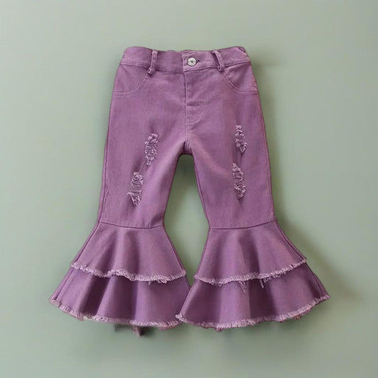 Purple Distressed Layered Ruffle Bell Jeans