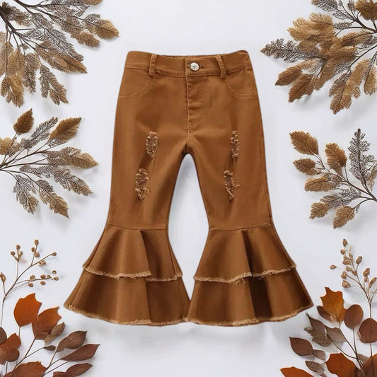 Brown Distressed Layered Ruffle Bell Jeans