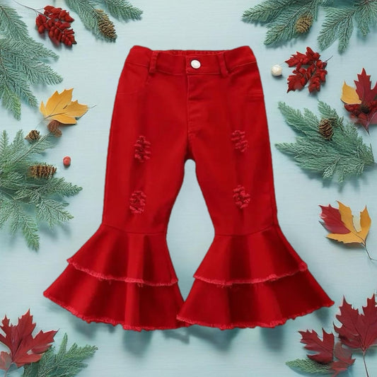 Red Distressed Layered Ruffle Bell Jeans