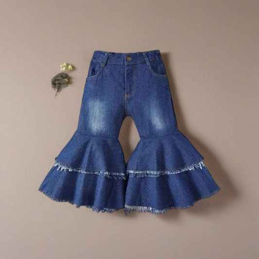 Blue Distressed Layered Ruffle Bell Jeans