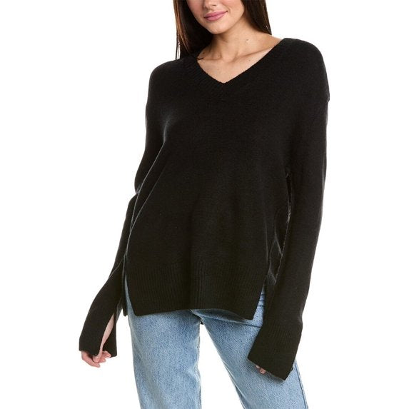 Vince Camuto Womens Contrast Chain Stitch Sweater- Black