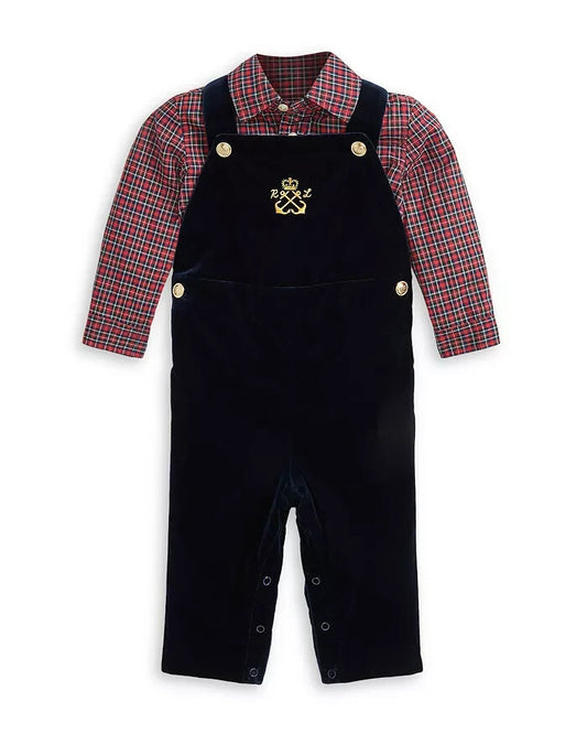 Ralph Lauren Boys' Plaid Shirt & Velvet Overall Set- Navy Multi online for $103.31