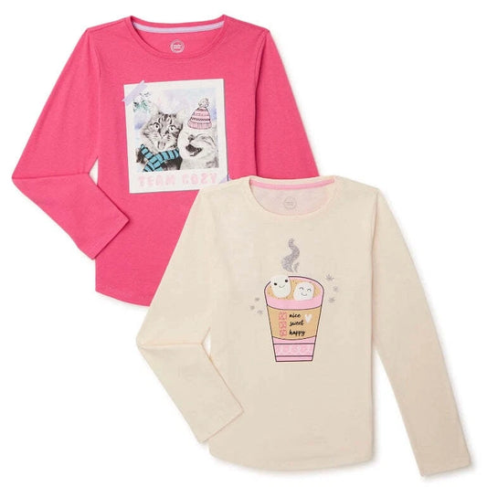 Wonder Nation Girls Long Sleeve Graphic Tee, 2 Pack