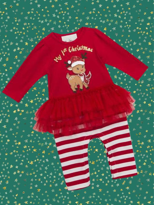 Baby and Toddler Girls Rare Editions Red TuTu w/1st Christmas Reindeer